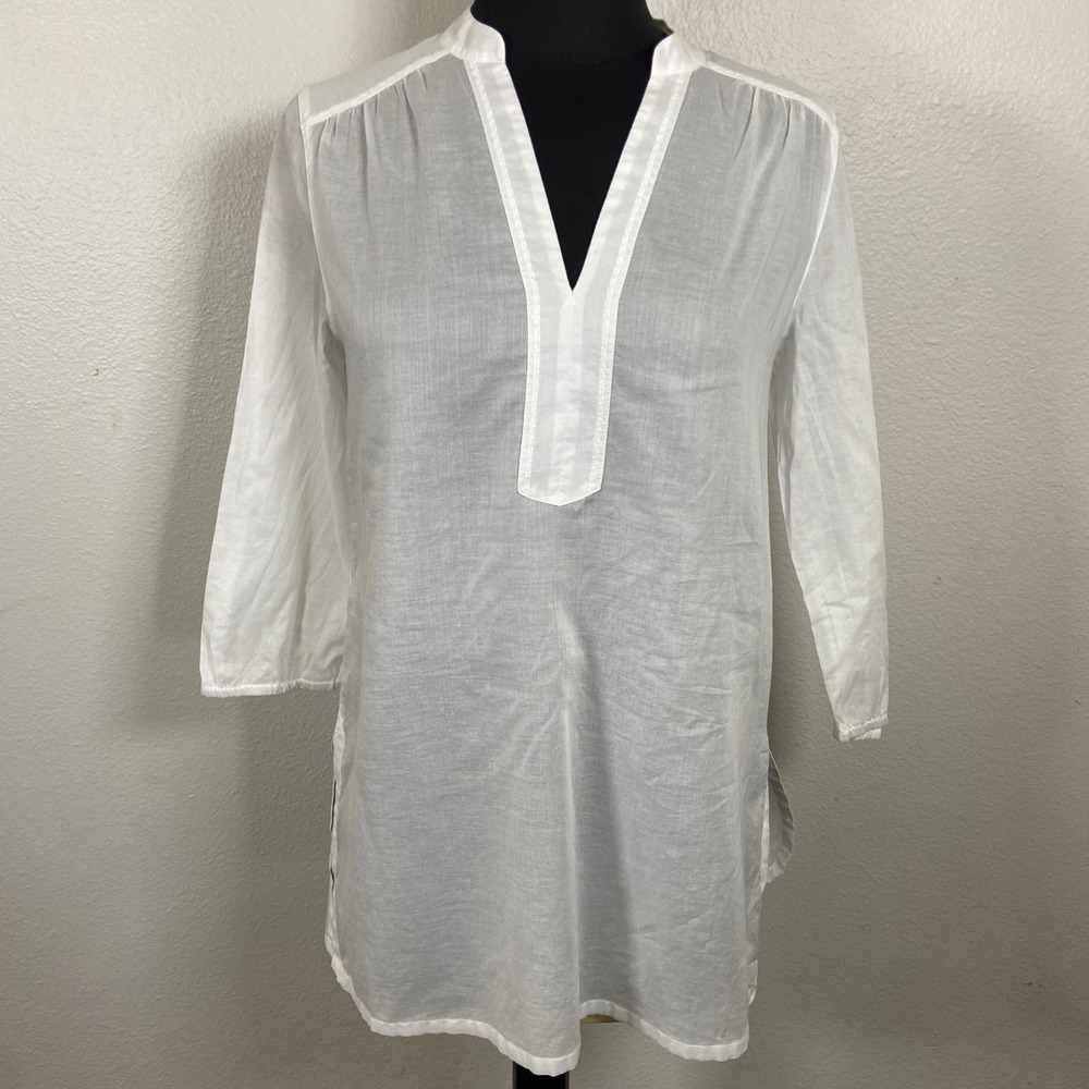 Tommy Bahama Women's V Neck Tunic Top Cotton Blend 3/4 Sleeve White XXS